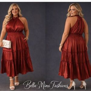 New  Esther tiered Rust Colored Satin Midi Halter Dress size 24 🌺🌸🌹 OB